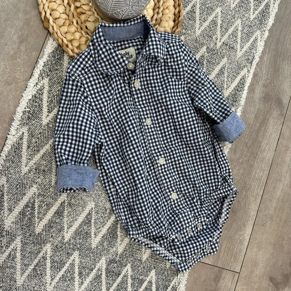 Oshkosh B’Gosh Baby Boy Navy White Gingham Checkered Button-Front Bodysuit